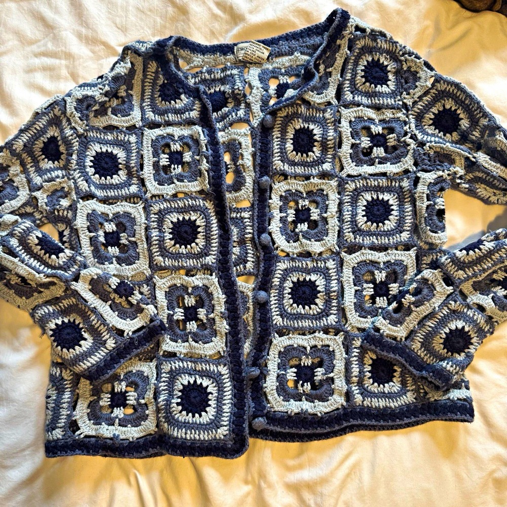 Croquet Women's Crochet Cardigan Sweater Geometric Blue/Gray Button-Front L